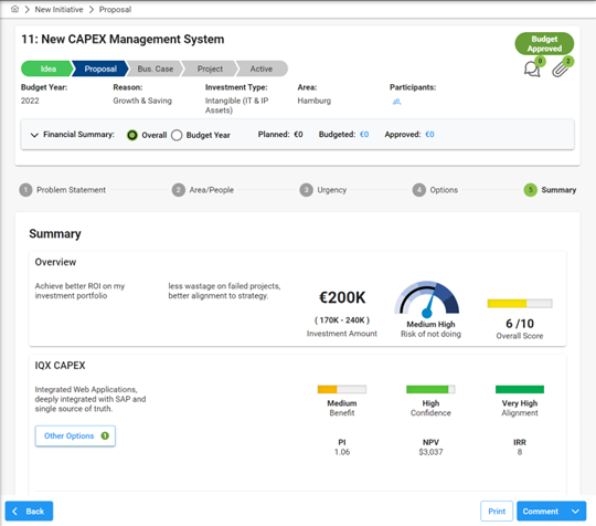 Stratex Online project intake screen showing standardized capital request capture, financial summary, scoring, and early visibility of capital demand.