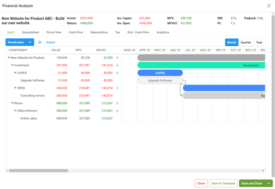 Screenshot of Business Case Evaluation in Stratex Online for SAP Project Portfolio Management 