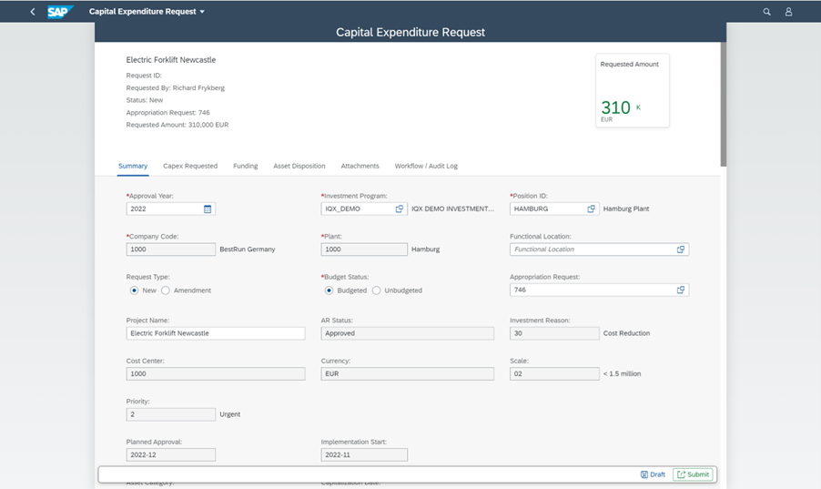 Capital Expenditure Requests SAP Fiori App