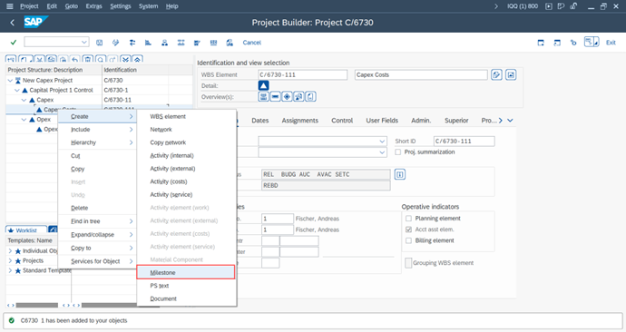 Creating a Project Milestones in the appropriate WBS Elements in SAP