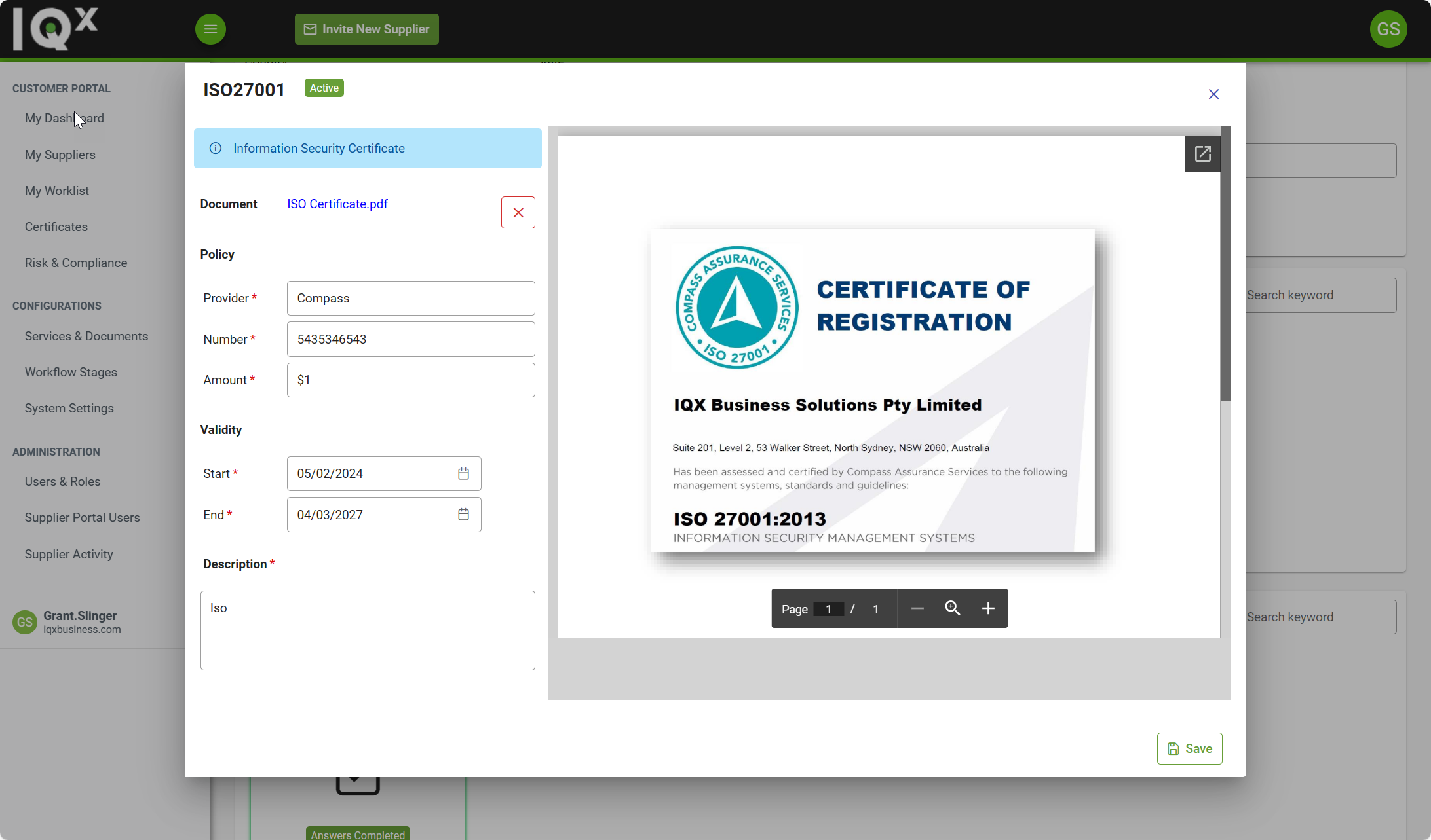 Certificate Compliance in IQX vendor portal
