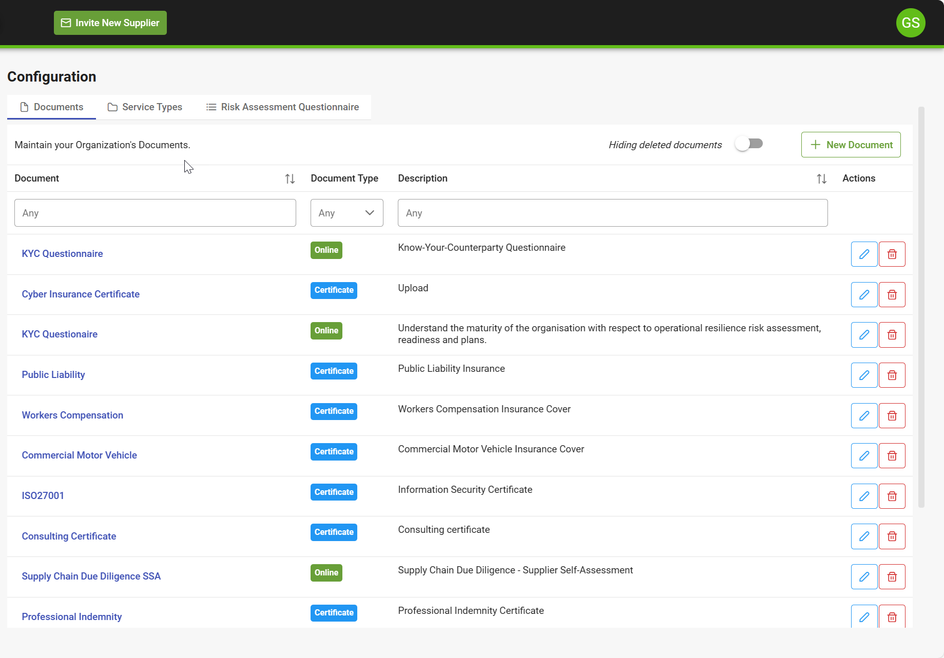 Configure required documents and risk assessment questionnaires in vendor portal