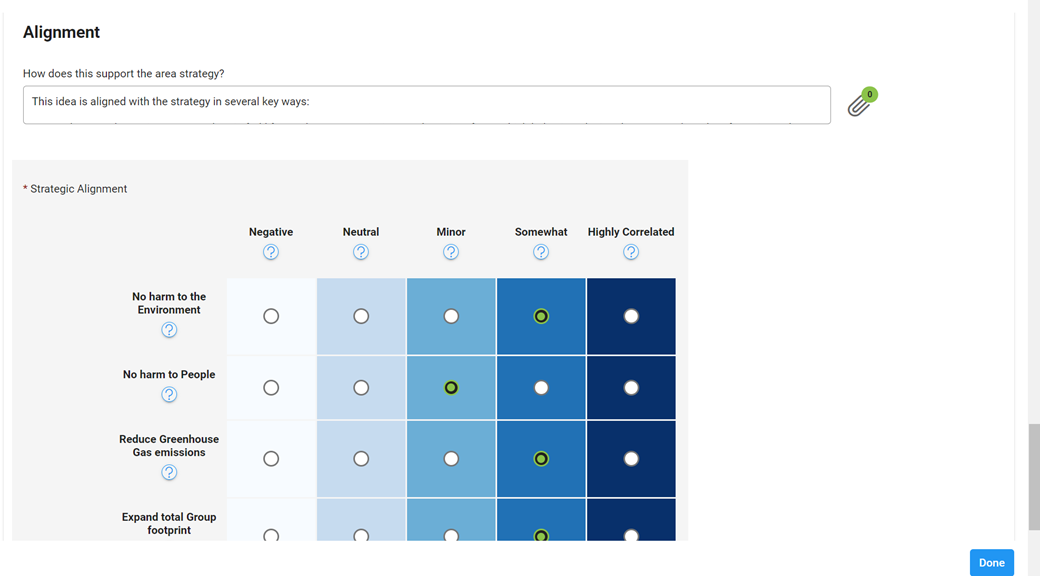 Screenshot of Stratex Online Strategic alignment matrix for capital planning