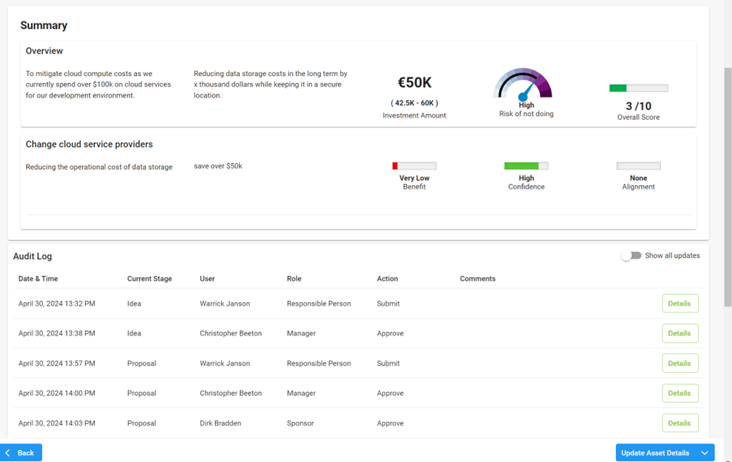 Screenshot showing how Stratex Online workflow is incorporated at all stages and approvals shown in a detailed audit trail