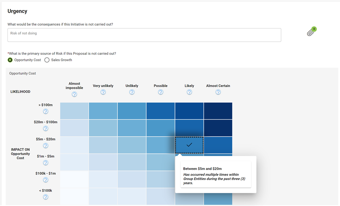 Screenshot showing how Stratex Online allows you to assess risk of inaction consistently in capital planning