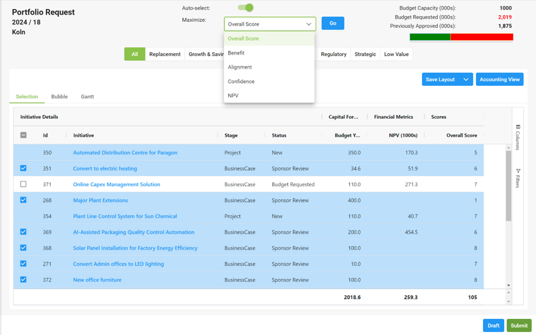 Screenshot showing how Stratex Online can automatically optimize your project portfolio selection for effective capital planning